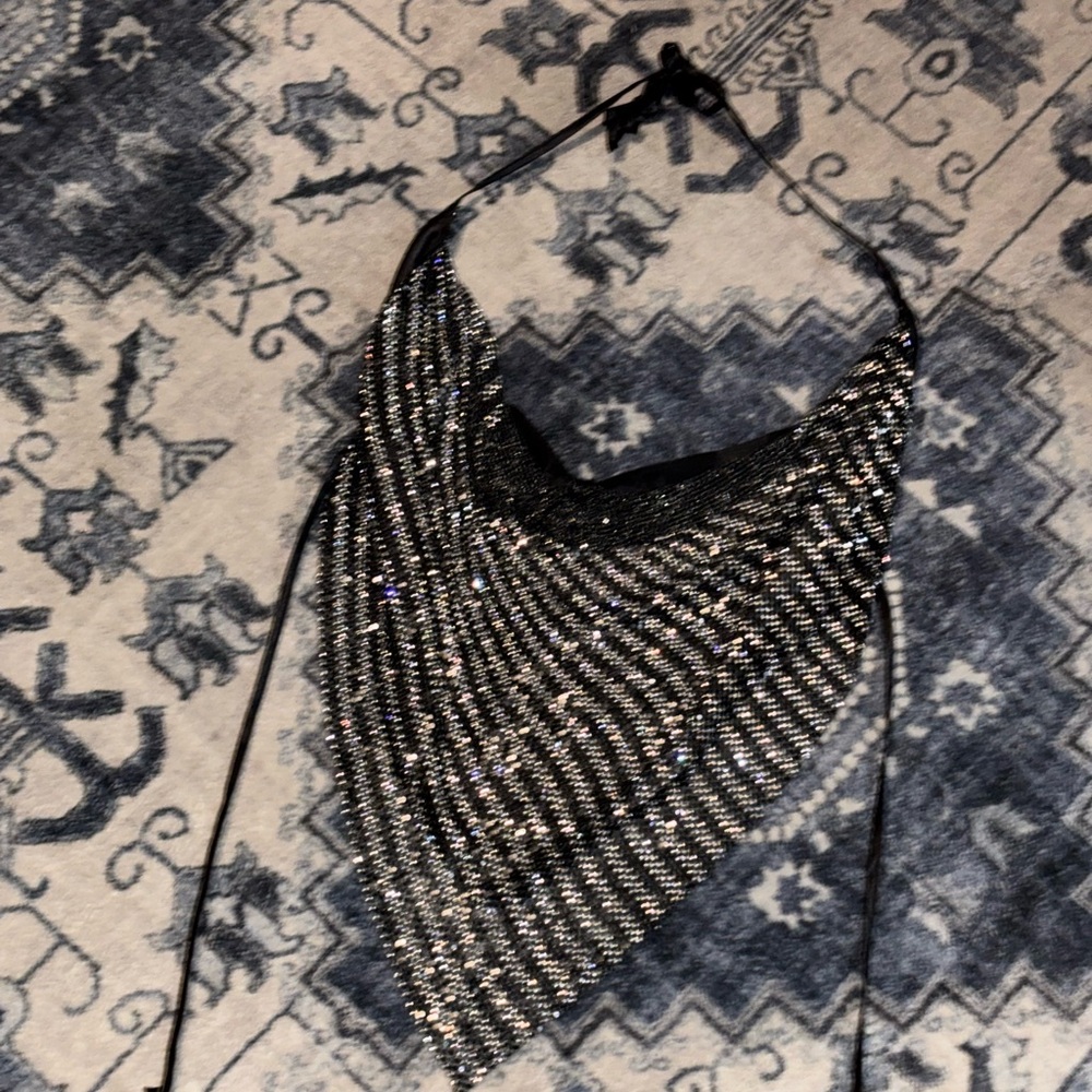 STEVE MADDEN JANET SPARKLE SILVER & BLACK BACKLESS COWL NECK PARTY HALTER TOP - Picture 8 of 14